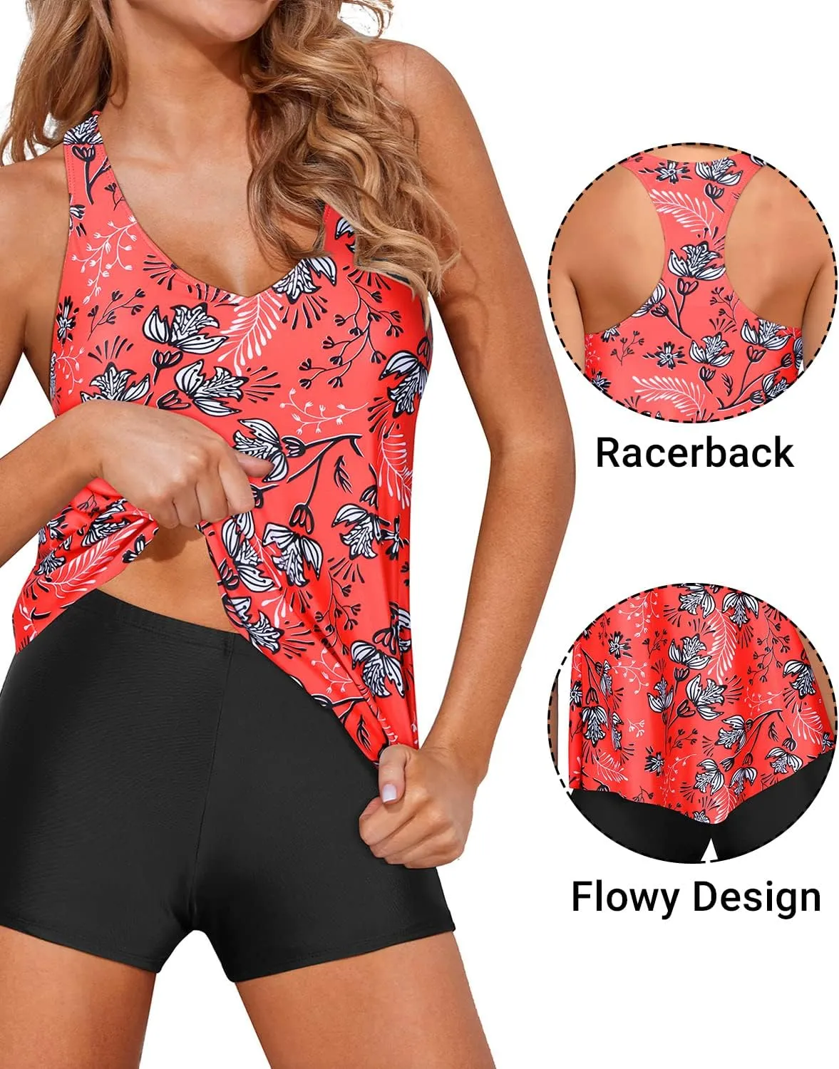 Holipick Two Piece Tankini Swimsuits for Women Tummy Control Bathing Suits Flowy Swim Tank Top with Boy Shorts