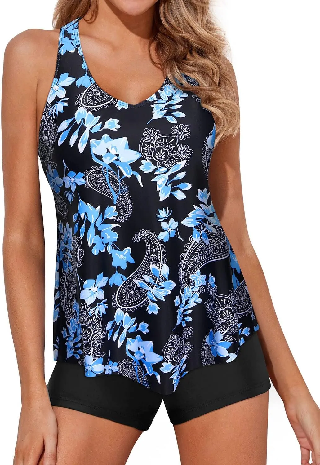 Holipick Two Piece Tankini Swimsuits for Women Tummy Control Bathing Suits Flowy Swim Tank Top with Boy Shorts