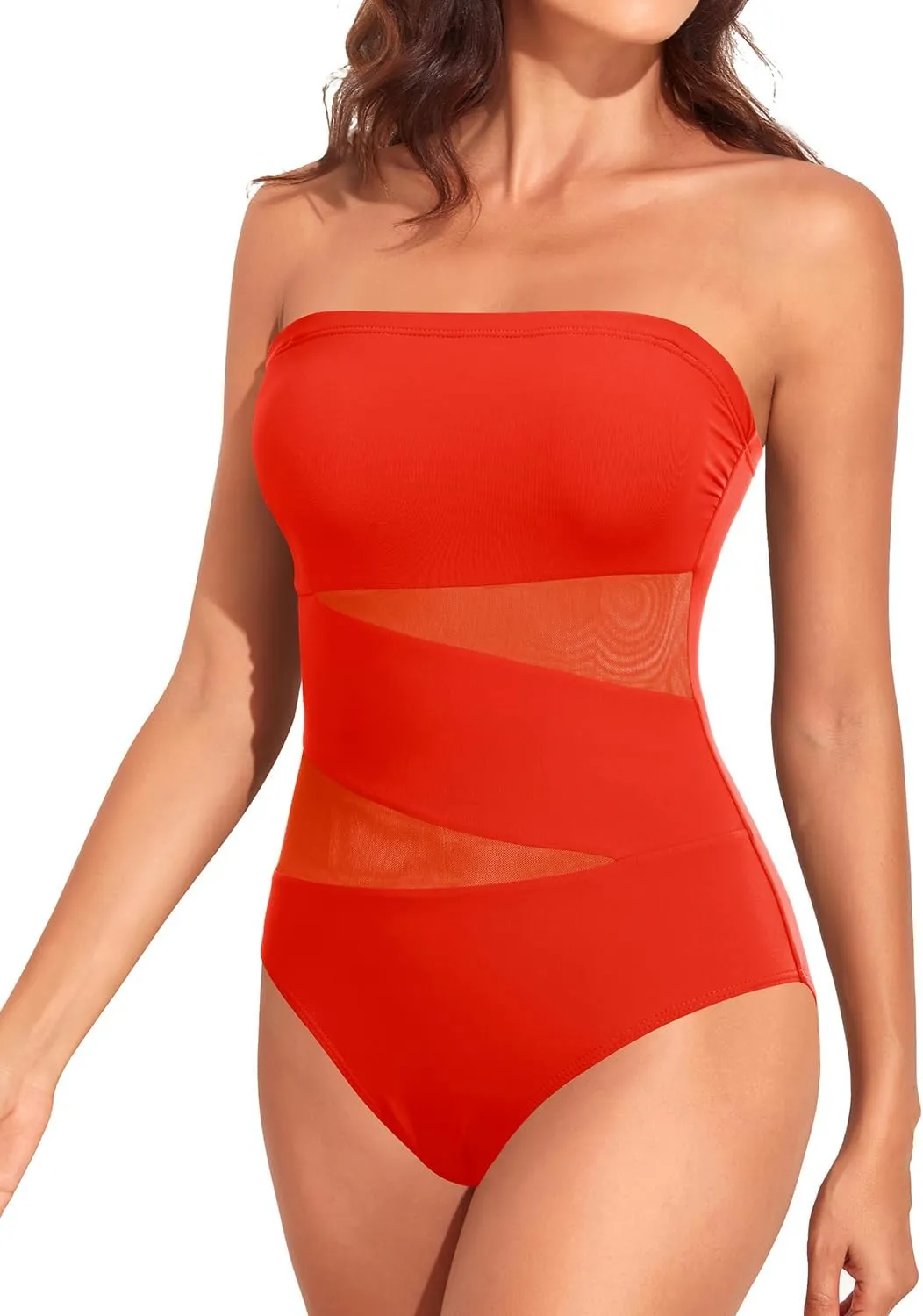 Holipick Women Strapless One Piece Swimsuit Tummy Control Bandeau Bathing Suit Mesh Cutout Swimwear