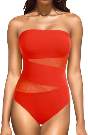 Holipick Women Strapless One Piece Swimsuit Tummy Control Bandeau Bathing Suit Mesh Cutout Swimwear