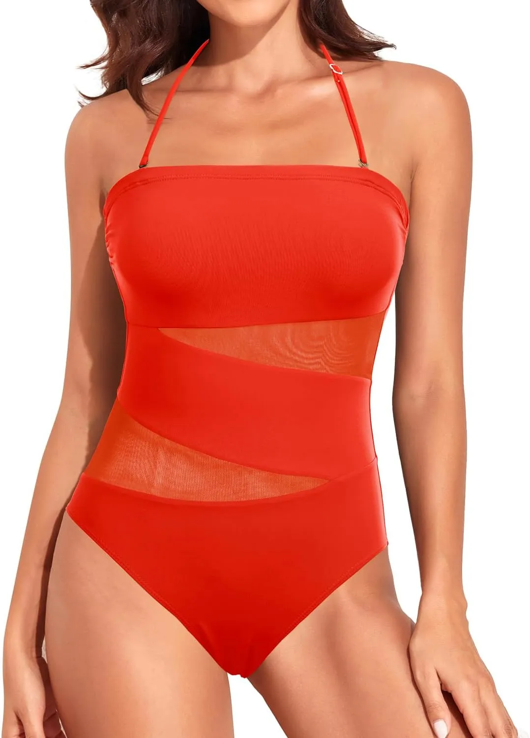 Holipick Women Strapless One Piece Swimsuit Tummy Control Bandeau Bathing Suit Mesh Cutout Swimwear