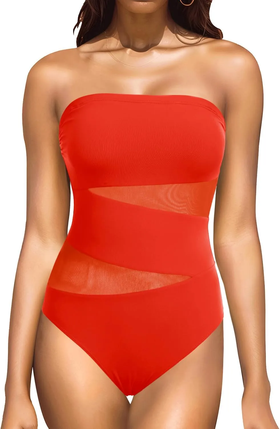 Holipick Women Strapless One Piece Swimsuit Tummy Control Bandeau Bathing Suit Mesh Cutout Swimwear