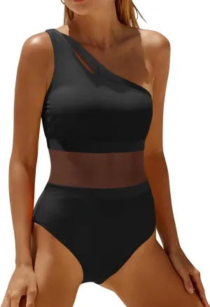 Holipick Women's One Shoulder One Piece Swimsuit Cutout Bathing Suits Mesh Slimming Swimwear for Teen Girls
