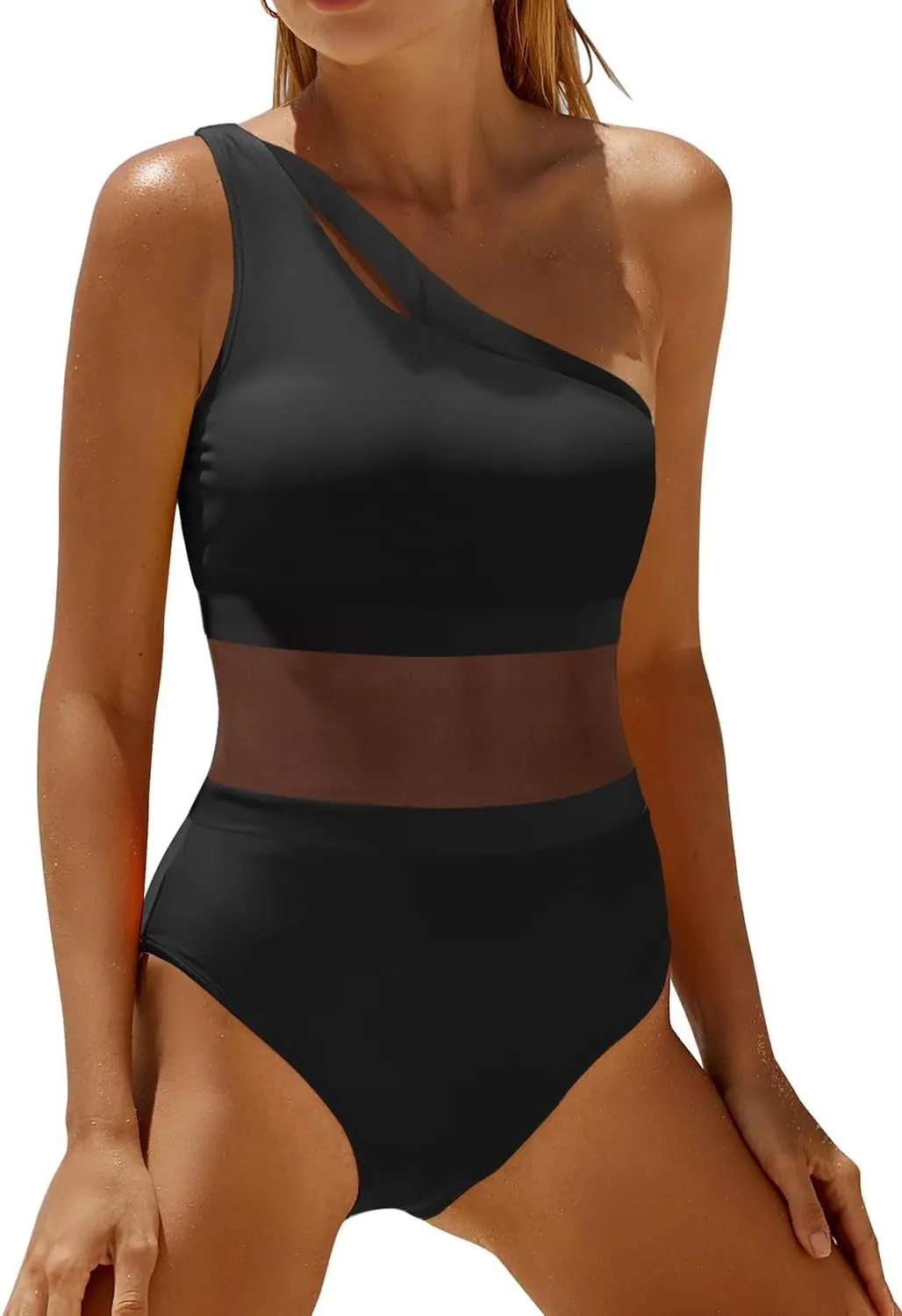 Holipick Women's One Shoulder One Piece Swimsuit Cutout Bathing Suits Mesh Slimming Swimwear for Teen Girls