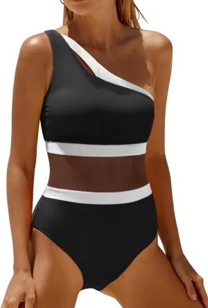 Holipick Women's One Shoulder One Piece Swimsuit Cutout Bathing Suits Mesh Slimming Swimwear for Teen Girls