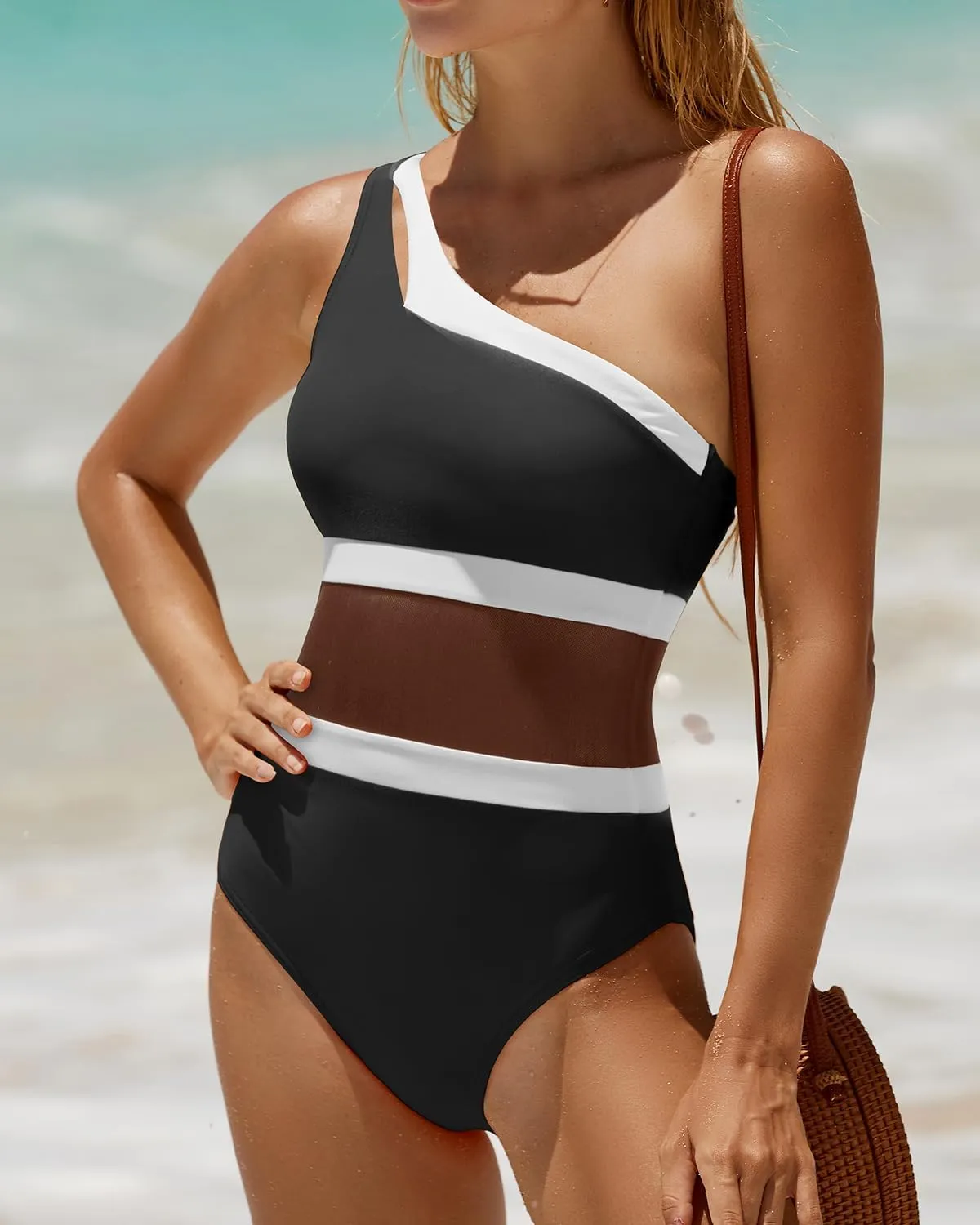 Holipick Women's One Shoulder One Piece Swimsuit Cutout Bathing Suits Mesh Slimming Swimwear for Teen Girls