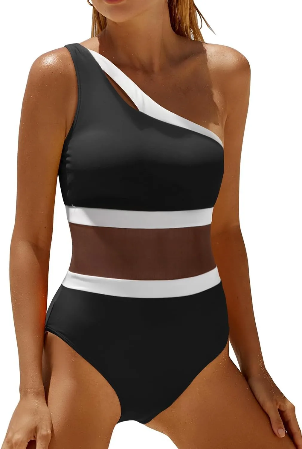 Holipick Women's One Shoulder One Piece Swimsuit Cutout Bathing Suits Mesh Slimming Swimwear for Teen Girls