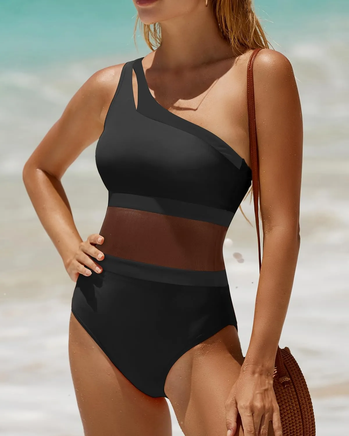 Holipick Women's One Shoulder One Piece Swimsuit Cutout Bathing Suits Mesh Slimming Swimwear for Teen Girls