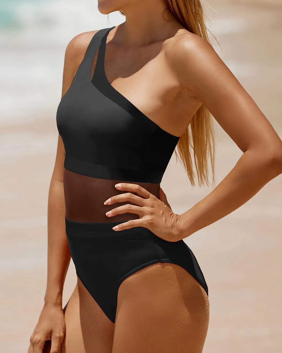 Holipick Women's One Shoulder One Piece Swimsuit Cutout Bathing Suits Mesh Slimming Swimwear for Teen Girls