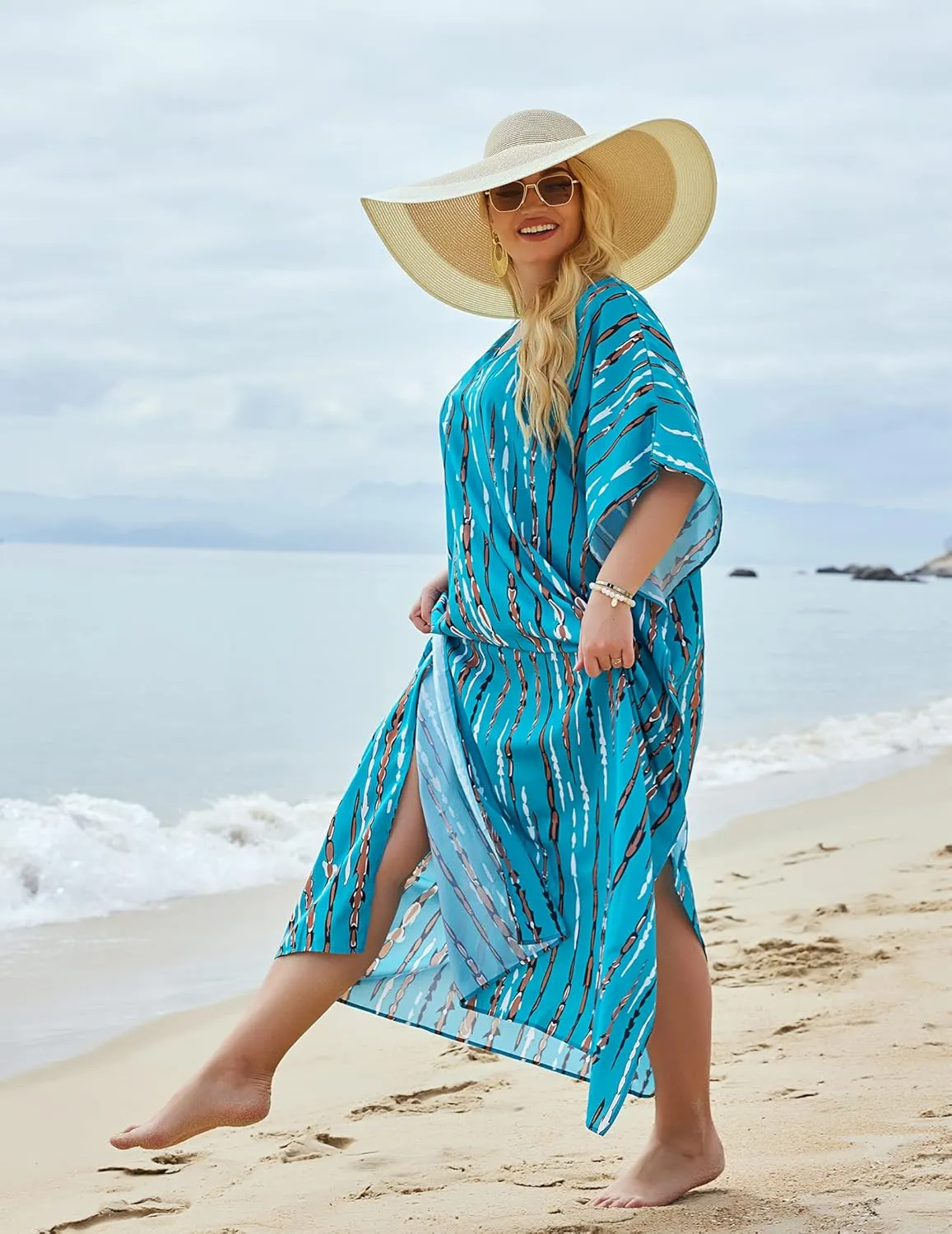 IN'VOLAND Womens Plus Size Bathing Suit Cover Up Colorful Beach Kaftan Dress Long Bikini Cover Up Swimsuit Beachwear