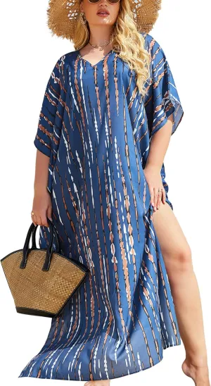 IN'VOLAND Womens Plus Size Bathing Suit Cover Up Colorful Beach Kaftan Dress Long Bikini Cover Up Swimsuit Beachwear