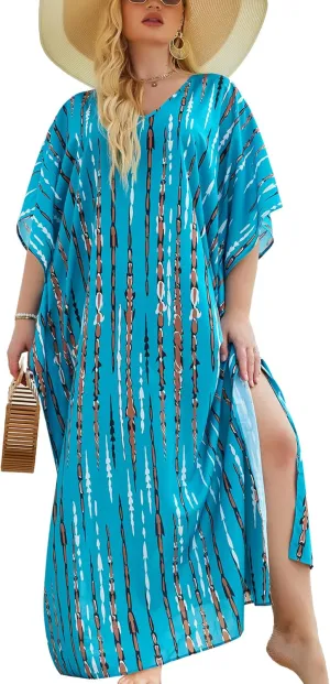 IN'VOLAND Womens Plus Size Bathing Suit Cover Up Colorful Beach Kaftan Dress Long Bikini Cover Up Swimsuit Beachwear