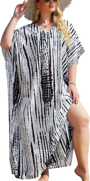IN'VOLAND Womens Plus Size Bathing Suit Cover Up Colorful Beach Kaftan Dress Long Bikini Cover Up Swimsuit Beachwear