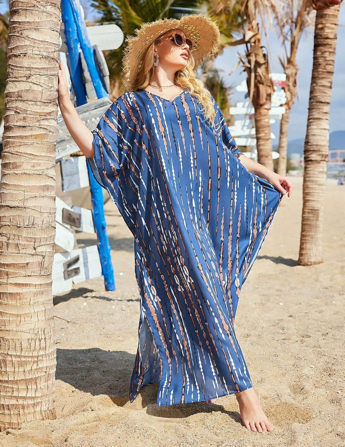 IN'VOLAND Womens Plus Size Bathing Suit Cover Up Colorful Beach Kaftan Dress Long Bikini Cover Up Swimsuit Beachwear