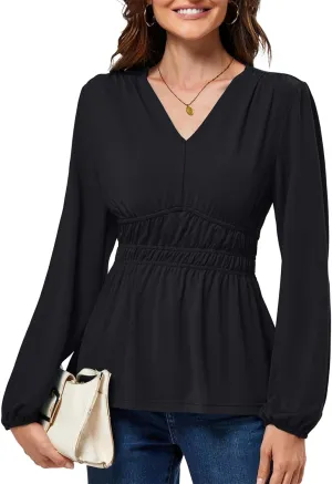 JASAMBAC Women's Elegant V Neck Peplum Tops Shirred Elastic Waist Long Sleeve Shirts Wrap Casual Business Work Blouses