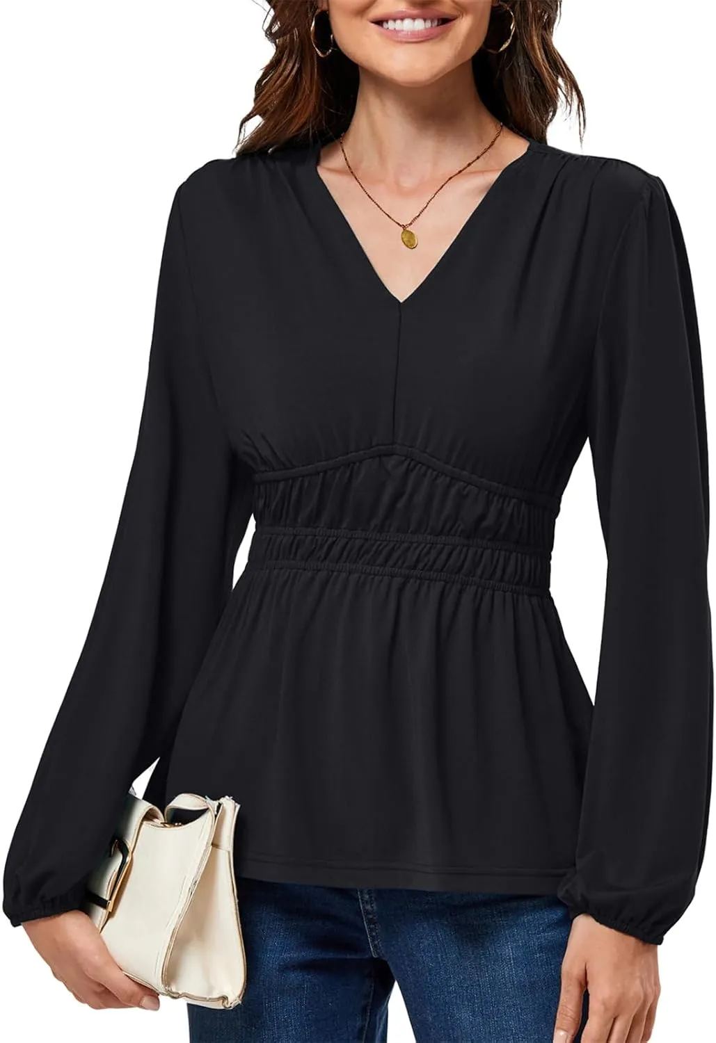JASAMBAC Women's Elegant V Neck Peplum Tops Shirred Elastic Waist Long Sleeve Shirts Wrap Casual Business Work Blouses