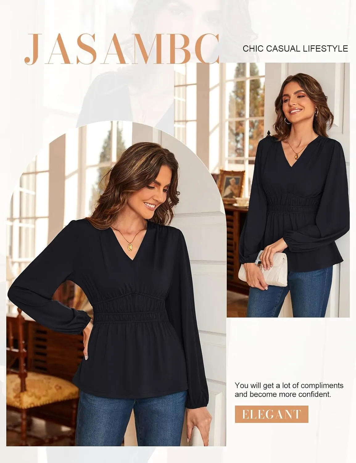 JASAMBAC Women's Elegant V Neck Peplum Tops Shirred Elastic Waist Long Sleeve Shirts Wrap Casual Business Work Blouses