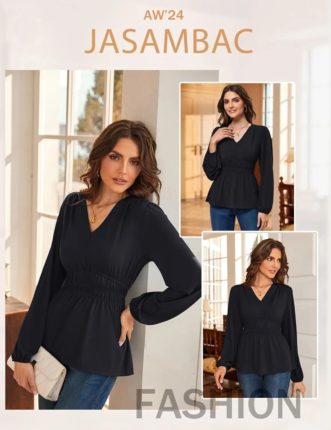 JASAMBAC Women's Elegant V Neck Peplum Tops Shirred Elastic Waist Long Sleeve Shirts Wrap Casual Business Work Blouses