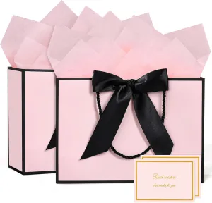 JMANNI Medium Gift Bags with Tissue Paper, 2Pcs with Handle and Bow Ribbon for Any Birthday, Weddings, Mothers Day & Special Occasion 11''x7.87''x4'' (Black-Pink)