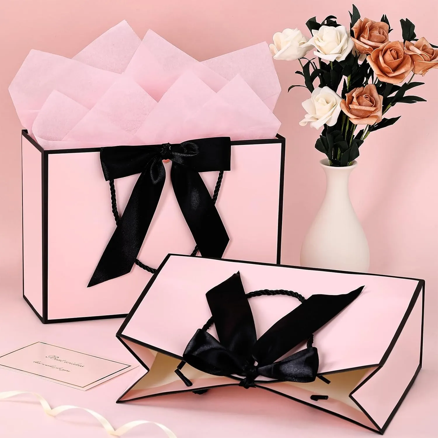 JMANNI Medium Gift Bags with Tissue Paper, 2Pcs with Handle and Bow Ribbon for Any Birthday, Weddings, Mothers Day & Special Occasion 11''x7.87''x4'' (Black-Pink)