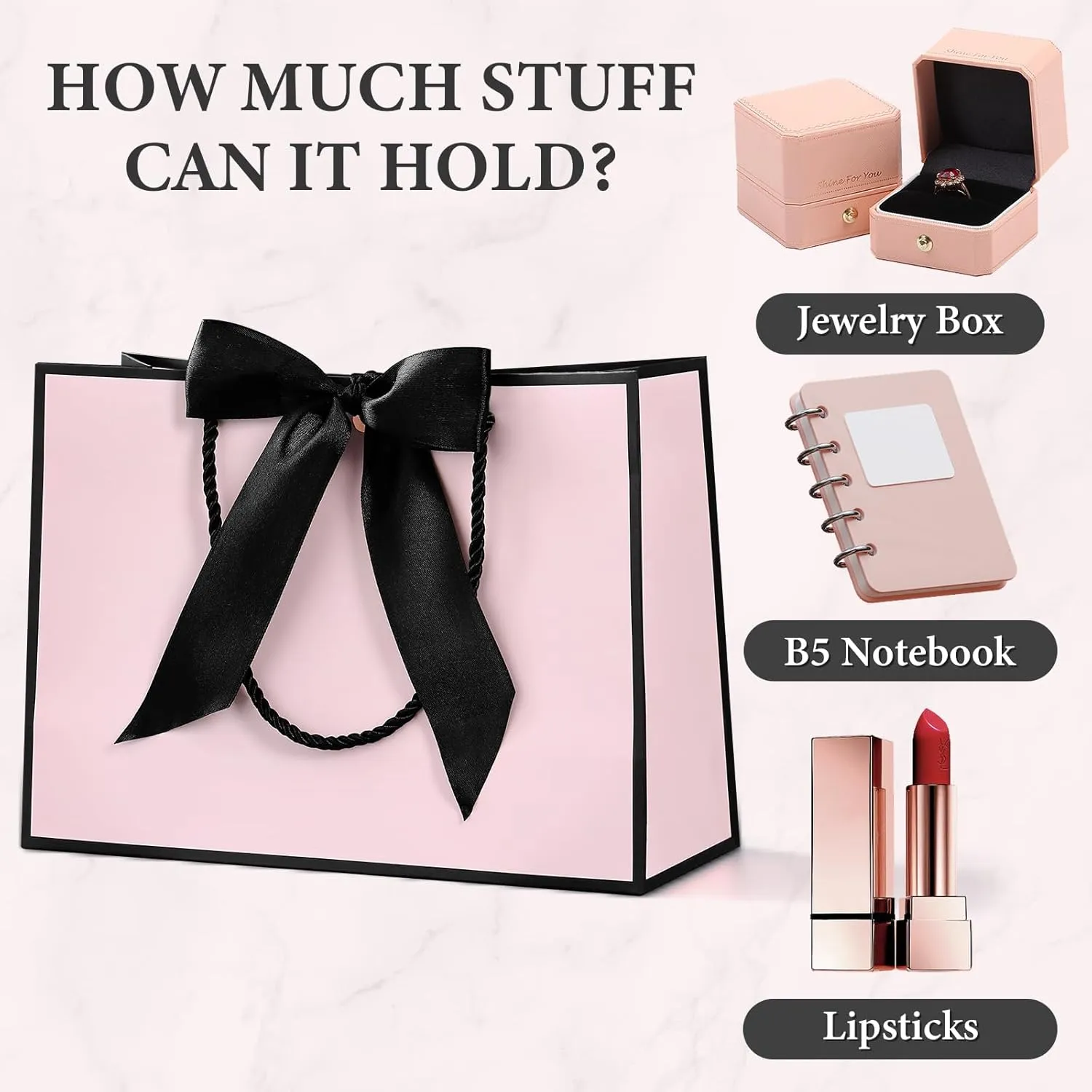 JMANNI Medium Gift Bags with Tissue Paper, 2Pcs with Handle and Bow Ribbon for Any Birthday, Weddings, Mothers Day & Special Occasion 11''x7.87''x4'' (Black-Pink)