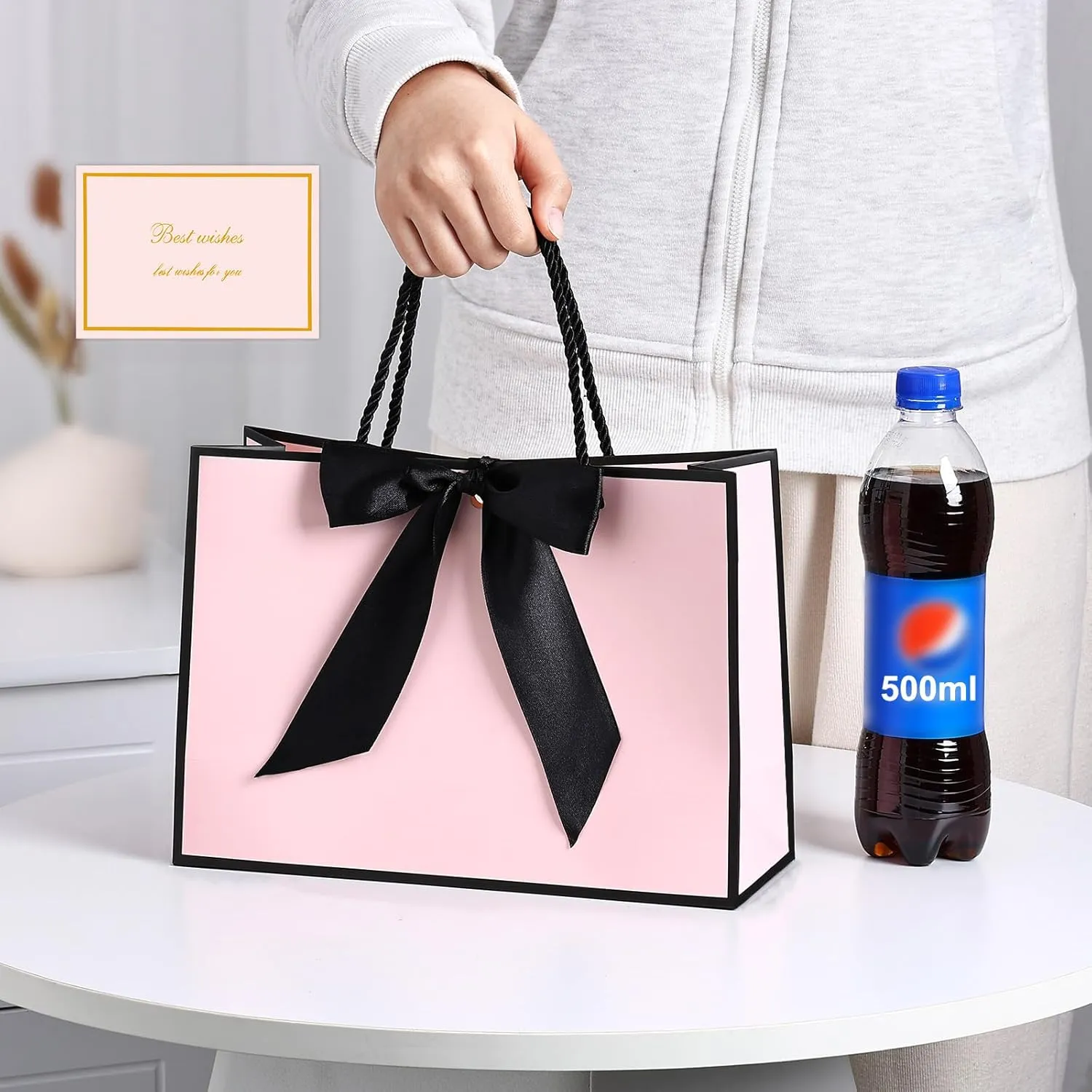 JMANNI Medium Gift Bags with Tissue Paper, 2Pcs with Handle and Bow Ribbon for Any Birthday, Weddings, Mothers Day & Special Occasion 11''x7.87''x4'' (Black-Pink)