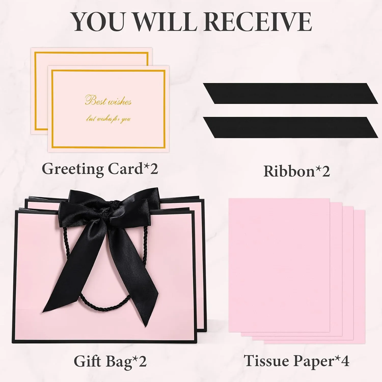 JMANNI Medium Gift Bags with Tissue Paper, 2Pcs with Handle and Bow Ribbon for Any Birthday, Weddings, Mothers Day & Special Occasion 11''x7.87''x4'' (Black-Pink)