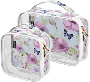 Joko Ivery Butterflies Flowers 2 Pieces Clear Makeup Cosmetic Toiletry Bags for Women Men PVC Portable Travel Storage Carry Pouch with Gold Zippers Handbag Purse for Traveling Bathroom Organizing