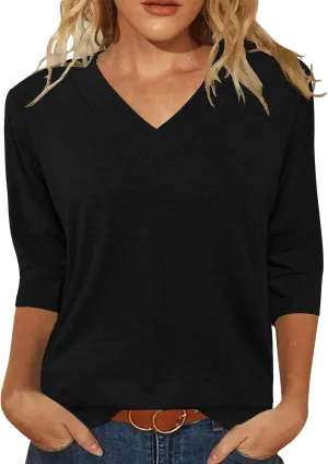 JomeDesign Womens Tops 3/4 Length Sleeve Summer V Neck Shirts Casual Tunic Tops 2025