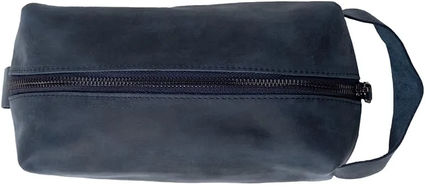 KAAL Crazy Horse Genuine Leather Toiletry Organizer Dopp Kit Shaving Bag for Accessories (Sax Blue, Large)