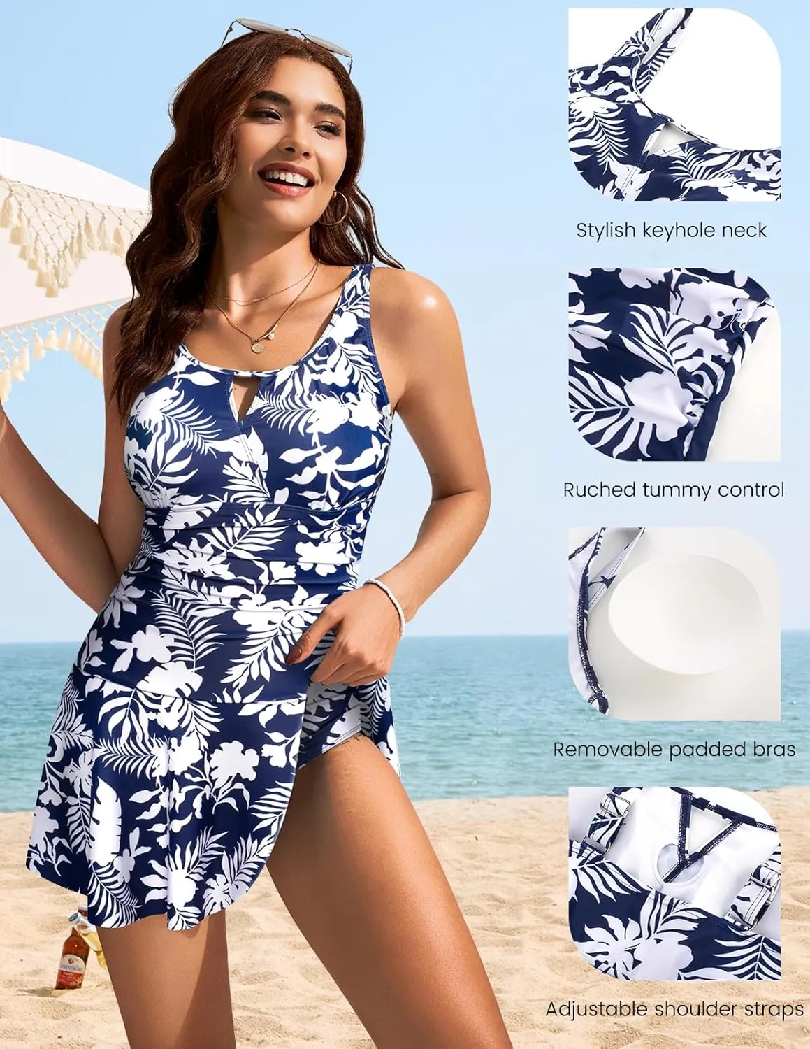 Kate Kasin 2 Piece Tankini Swimsuits for Women Tummy Control Swimdress Skirt Bathing Suit with Briefs Modest Ruched Swimwear
