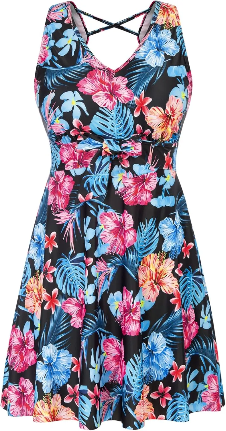 Kate Kasin Women's Two Piece Swimsuits Tummy Control Back Cross Flowy Swimdress Bathing Suits with Boyshorts Swimwear