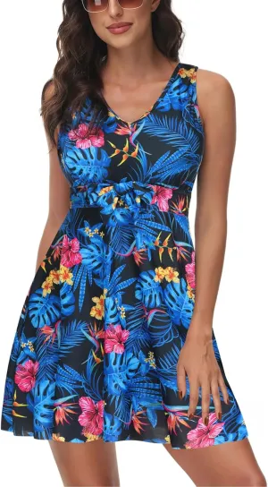 Kate Kasin Women's Two Piece Swimsuits Tummy Control Back Cross Flowy Swimdress Bathing Suits with Boyshorts Swimwear