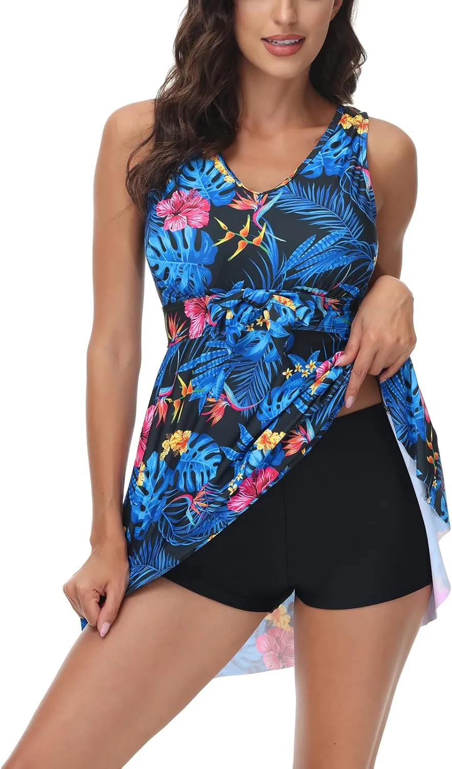 Kate Kasin Women's Two Piece Swimsuits Tummy Control Back Cross Flowy Swimdress Bathing Suits with Boyshorts Swimwear
