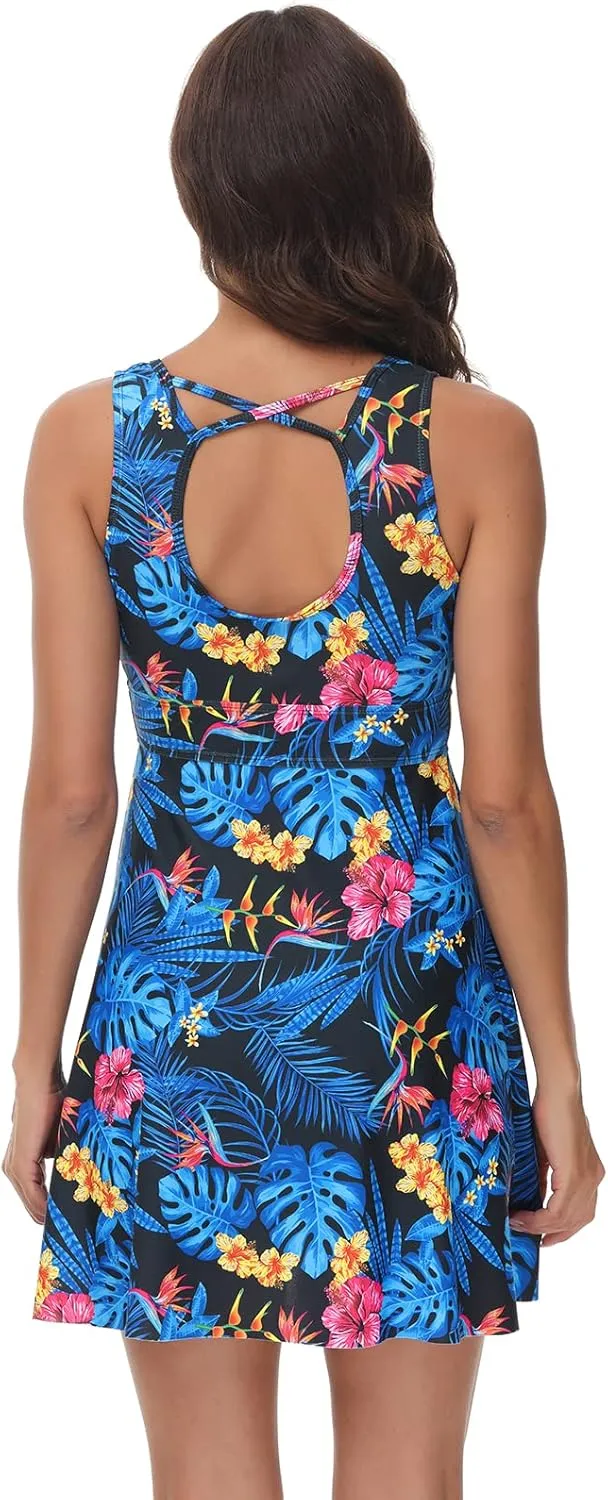Kate Kasin Women's Two Piece Swimsuits Tummy Control Back Cross Flowy Swimdress Bathing Suits with Boyshorts Swimwear