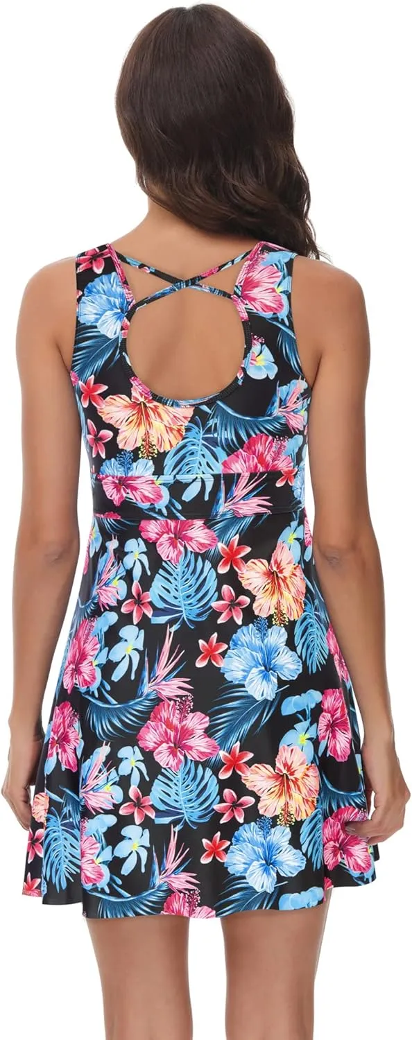 Kate Kasin Women's Two Piece Swimsuits Tummy Control Back Cross Flowy Swimdress Bathing Suits with Boyshorts Swimwear