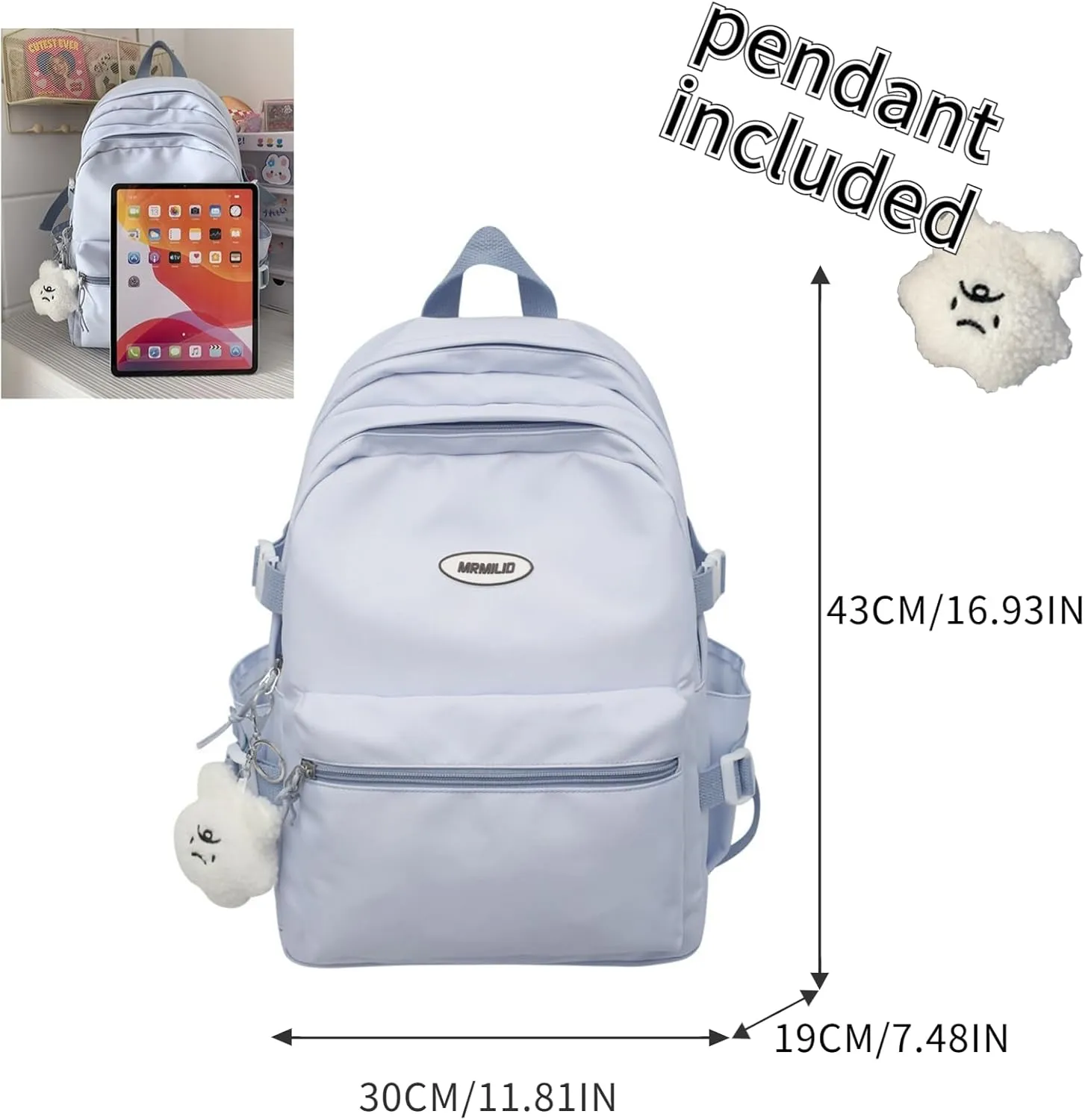 Kawaii Backpack with Cute Accessories Casual Aesthetic Daypack Simple Laptop Bag Waterproof Travel Rucksack for Women (blue)