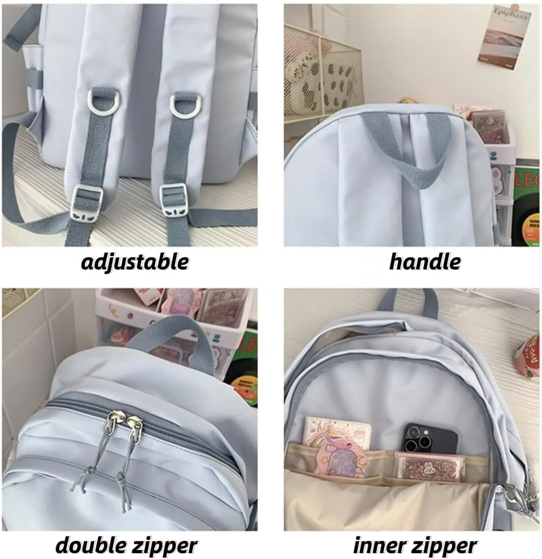 Kawaii Backpack with Cute Accessories Casual Aesthetic Daypack Simple Laptop Bag Waterproof Travel Rucksack for Women (blue)