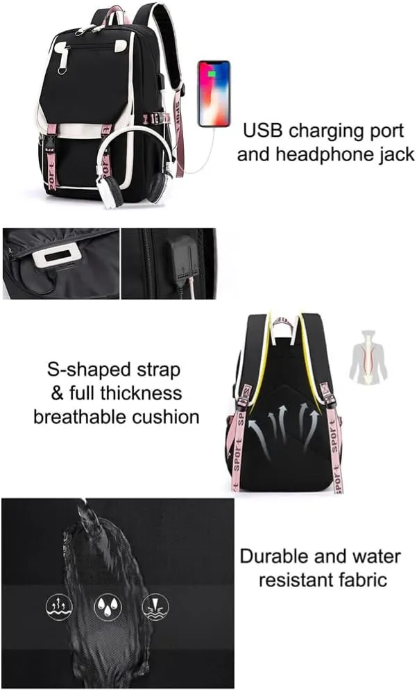 Kawaii Backpack with Cute Accessories Laptop Backpack 17 inch Aesthetic USB Charging Port Headphone Jack (Sky Blue)