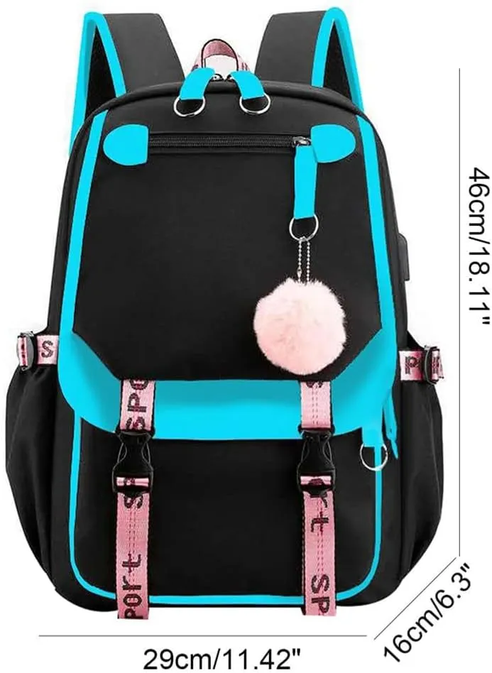 Kawaii Backpack with Cute Accessories Laptop Backpack 17 inch Aesthetic USB Charging Port Headphone Jack (Sky Blue)