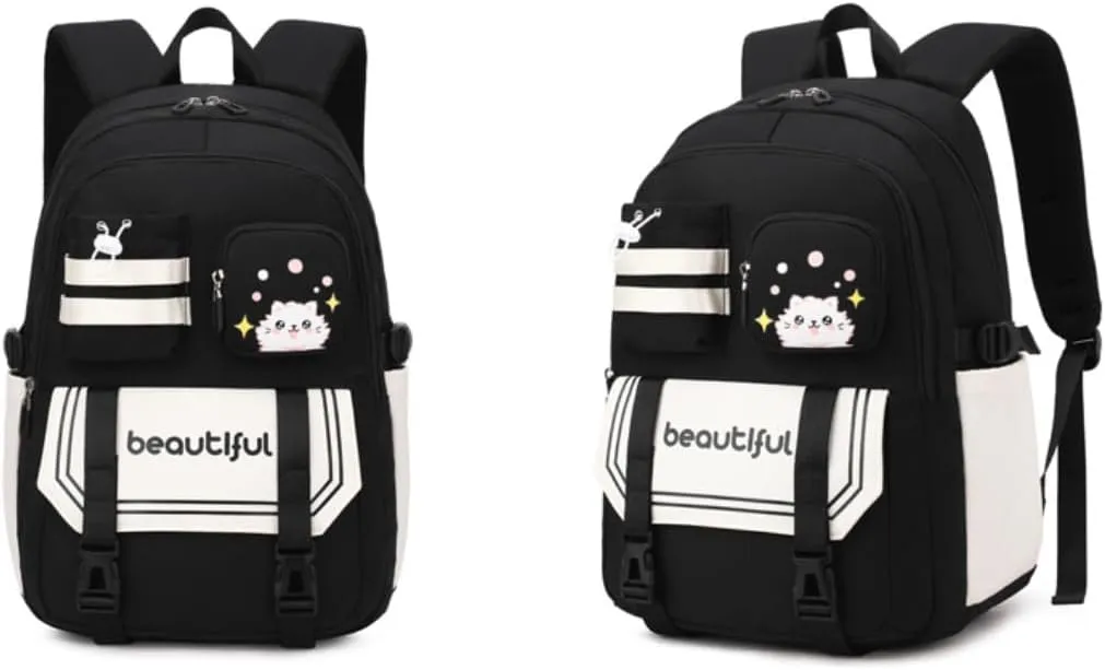 Kawaii Backpack with Cute Accessories Laptop Backpack Lightweight Waterproof Casual Rucksack for Hiking Travel Sports (A Black)