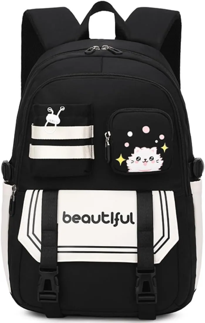 Kawaii Backpack with Cute Accessories Laptop Backpack Lightweight Waterproof Casual Rucksack for Hiking Travel Sports (A Black)