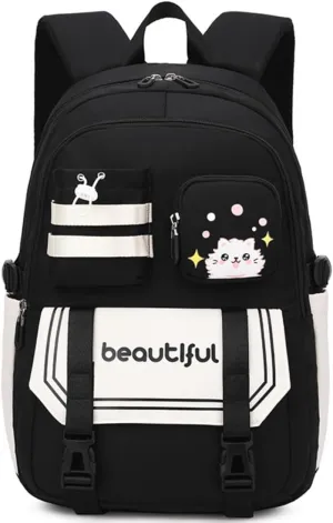 Kawaii Backpack with Cute Accessories Laptop Backpack Lightweight Waterproof Casual Rucksack for Hiking Travel Sports (A Black)
