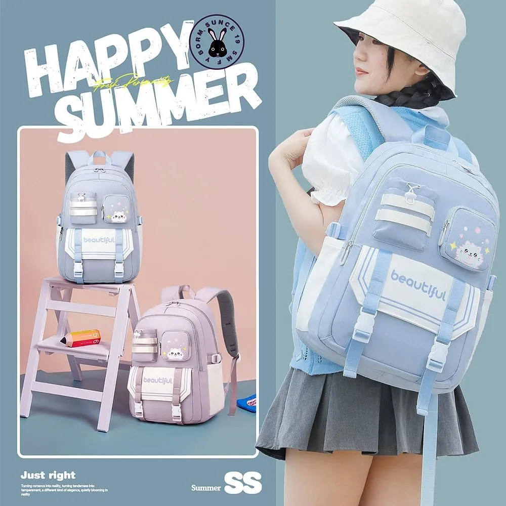 Kawaii Backpack with Cute Accessories Laptop Backpack Lightweight Waterproof Casual Rucksack for Hiking Travel Sports (A Black)
