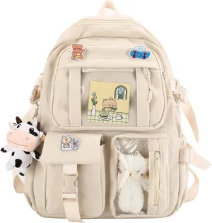 Kawaii Backpack with Cute Accessories Pin Pendant Travel Laptop Bag Large Outdoor Waterproof Casual Daypack Women (White)