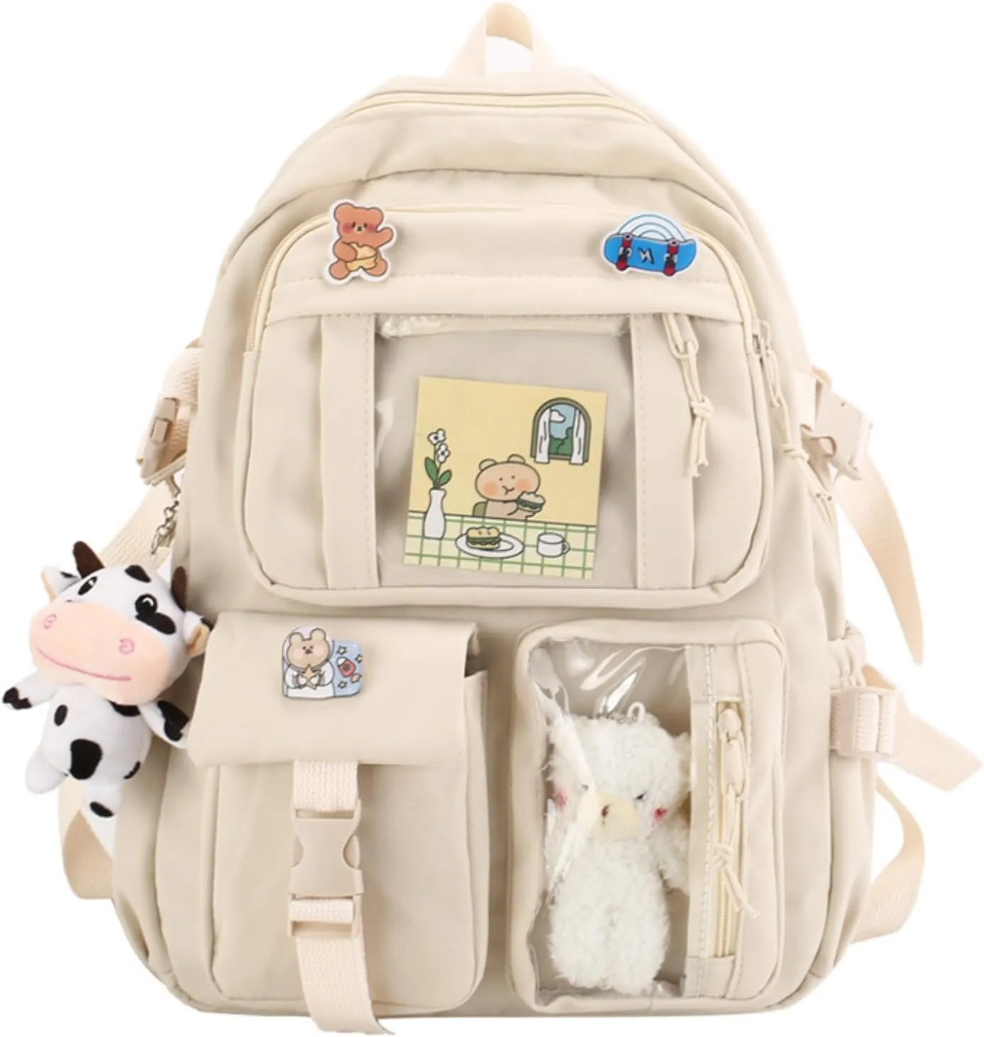 Kawaii Backpack with Cute Accessories Pin Pendant Travel Laptop Bag Large Outdoor Waterproof Casual Daypack Women (White)