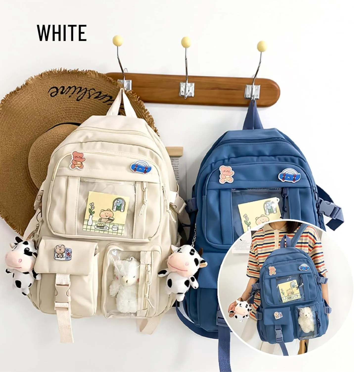Kawaii Backpack with Cute Accessories Pin Pendant Travel Laptop Bag Large Outdoor Waterproof Casual Daypack Women (White)