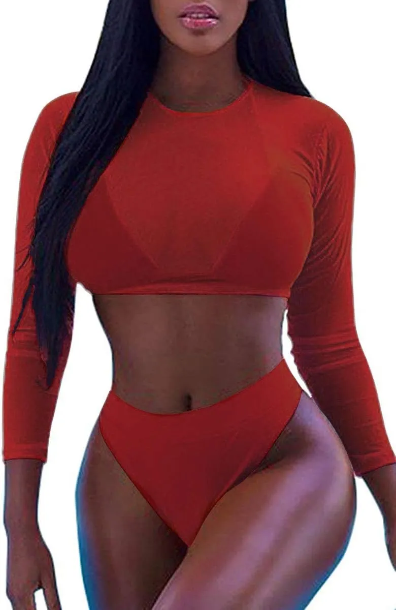 Kisscynest Women's 3 Pieces Swimsuit with Long Sleeve Mesh Shirt Coverup