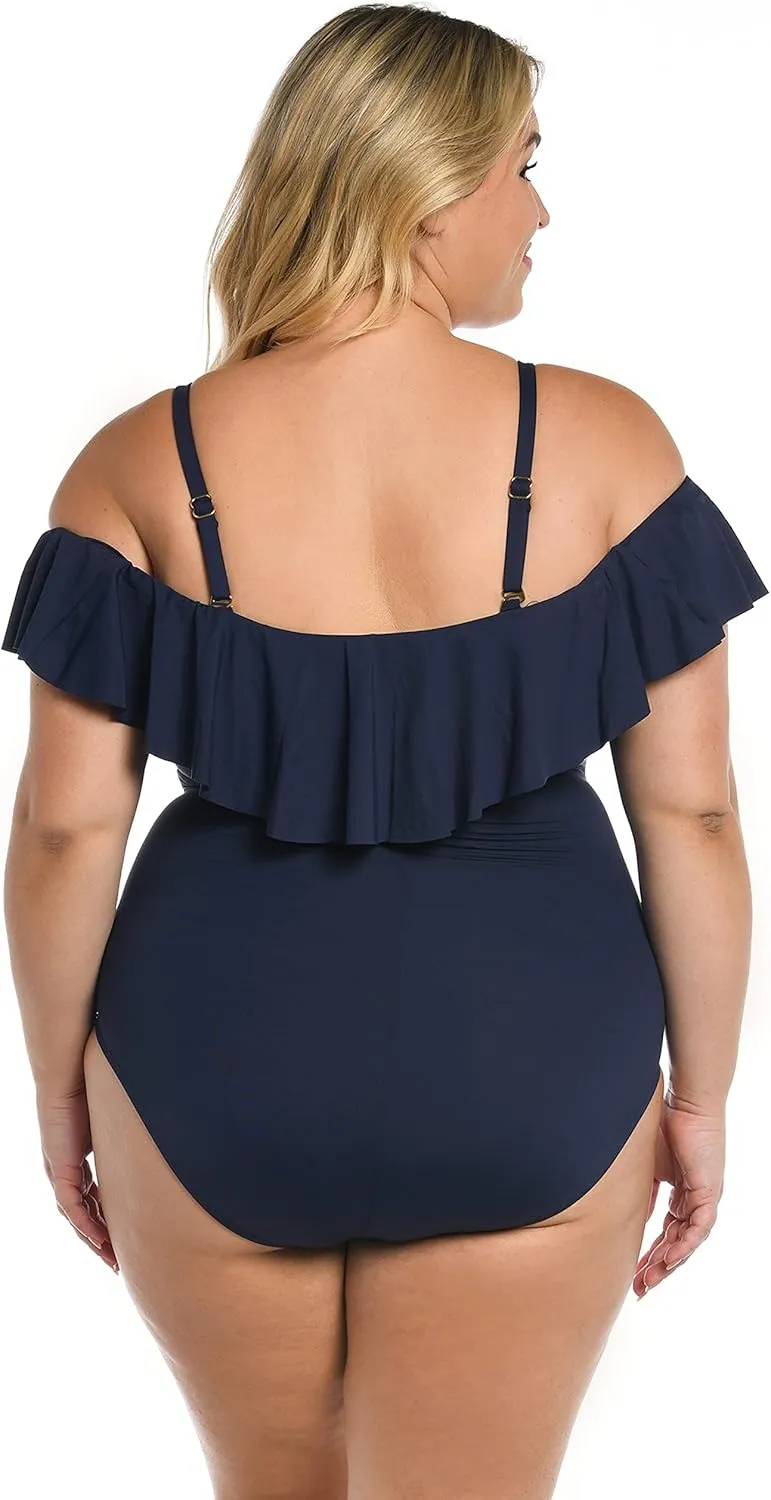 La Blanca Women's One Piece Swimsuit Off Shoulder Ruffle Island Goddess Bathing Suit