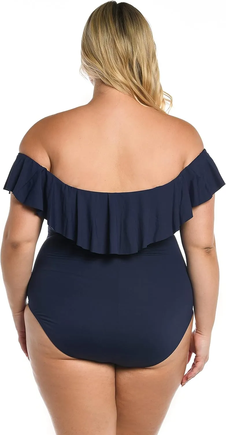 La Blanca Women's One Piece Swimsuit Off Shoulder Ruffle Island Goddess Bathing Suit